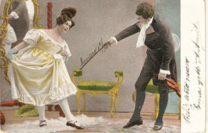 Couple. The dance lessonOld vintage German postcard