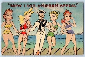 1943 Sailor With Beach Bathing Beauty Now I Got Uniform Appeal US Navy Postcard