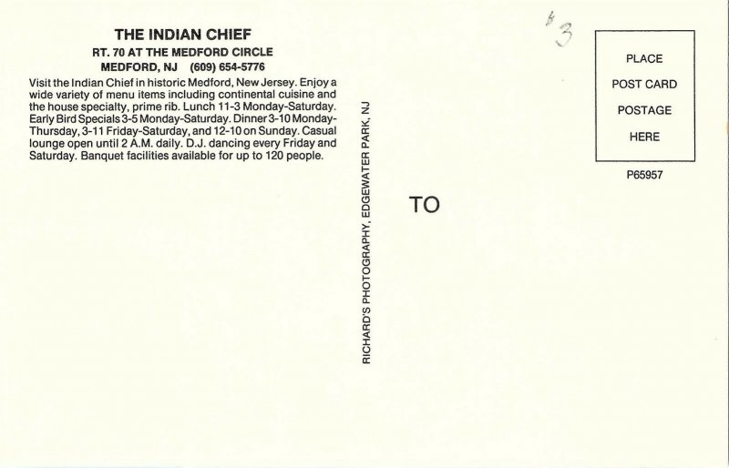 Postcard NJ Medford The Indian Chief Restaurant Lounge Split-View BJ7