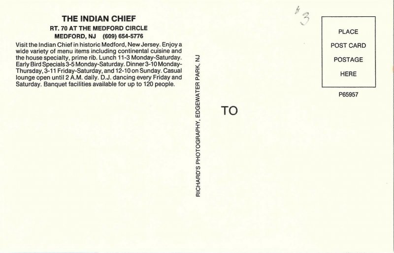 Postcard NJ Medford The Indian Chief Restaurant Lounge Split-View BJ7B