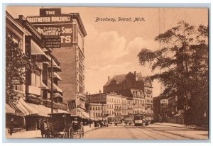 Broadway Street Shops Stores Horse Carriage Detroit Michigan MI Vintage Postcard