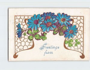 Postcard Greetings from with Flowers Clovers Embossed Art Print