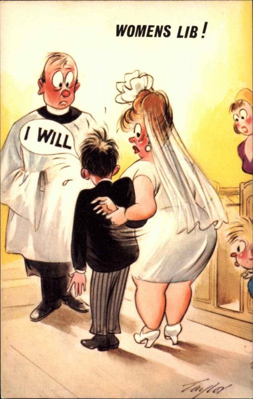 A/S Taylor Women's Lib Little Man Marries Fat Man Comic Vintage Postcard