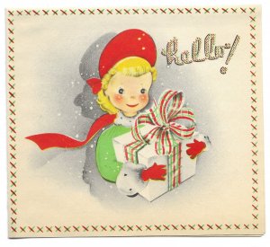VINTAGE 1940s WWII ERA Christmas Greeting Card Art Deco HELLO Girl & Gift