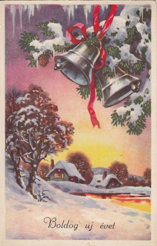 Hungary New Year bells winter seasonal greetings postcard 1938