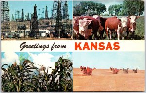 Kansas, Producers of Oil, Wheat, Cattle, and Corn, Greetings, Vintage Postcard