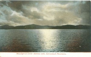 New York Adirondacks Moonlight on Lower Saranac Lake Litho Postcard Unused