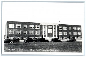 Blackwell Oklahoma OK RPPC High School Building Cars on Road c1940's Vintage