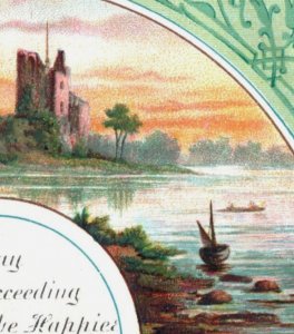 1880s Victorian Birthday Cards Lake Scenes Cottage Castle Lot Of 2 F131