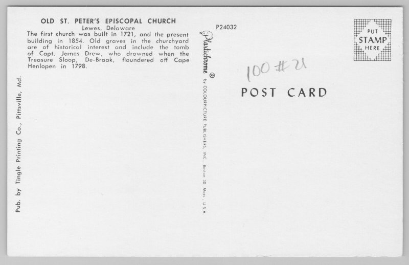 Lewes Delaware~Old St. Peter's Episcopal Church~Vintage Postcard