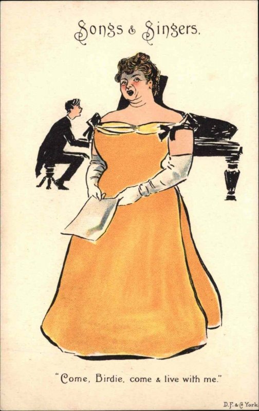 Songs and Singers Series Come, Birdie Fat Woman Singer Vintage Postcard