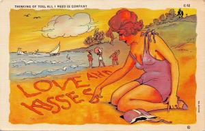 THINKING OF YOU~ALL I NEED IS COMPANY~SEXY WOMAN WRITES IN SAND-ROMANCE POSTCARD