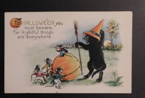 Mint USA Picture Postcard Halloween Black Cat with Hat Mice and Pumpkin Broom