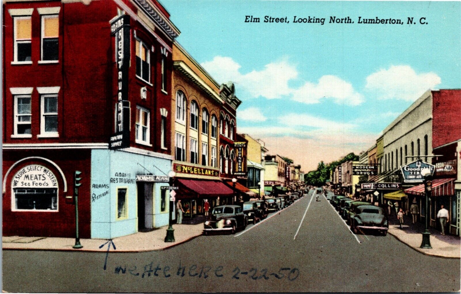 Postcard NC Lumberton Elm Street Drug Store Adam's Restaurant Old Cars