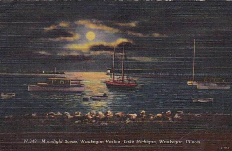 Illinois Waukegan Moonlight Scene On Waukegan Harbor 1951 Curteich