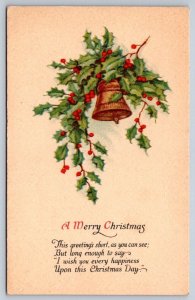 A Merry Christmas, Rhyme, Holly, Bells, Antique Julius Pollak Greeting Postcard