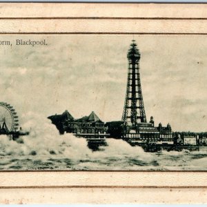 c1910s Blackpool, England Storm on Coast Ferris Wheel Tower Postcard Resort A79