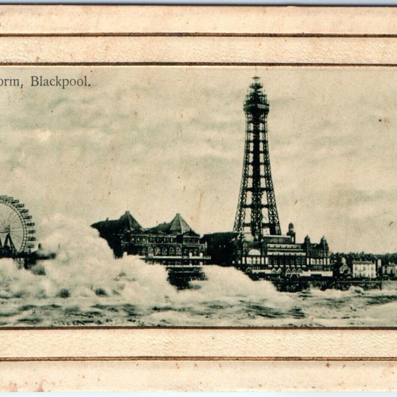 c1910s Blackpool, England Storm on Coast Ferris Wheel Tower Postcard Resort A79