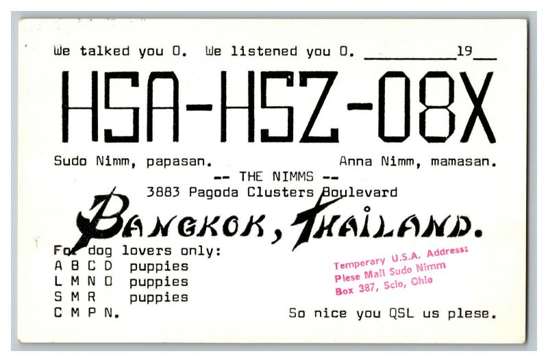 QSL Radio Card From Bangkok Thailand HSA-HSZ-08X