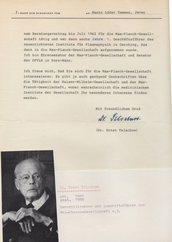 Dr Ernst Telschow Director Max Planck Gesellschaft Hand Signed Letter