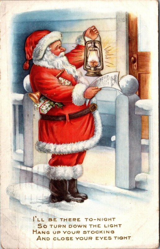 Christmas Postcard Santa Claus at Door Reading a List with a Lantern Gifts~3615 