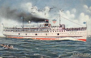 S.S. UNITED STATES Michigan City, Chicago Line Steamship 1909 Vintage Postcard