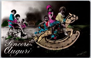 Sincere Auguri Children Playing Horse Ride & Bicycle Greetings Postcard