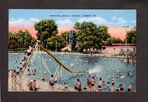 KS Municipal Beach Pool Wichita Kansas Linen Postcard Slide Bathers