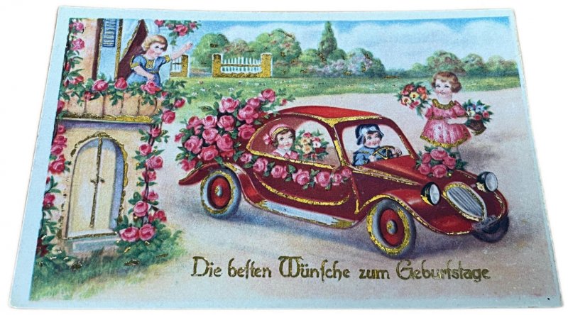 Lot 3 lovely drawn children roses floral cars birthday greetings postcards 1941 