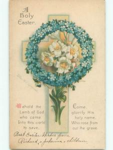 Pre-Linen easter signed CLAPSADDLE - JESUS CROSS WITH FLOWERS - RELIGIOUS J2085