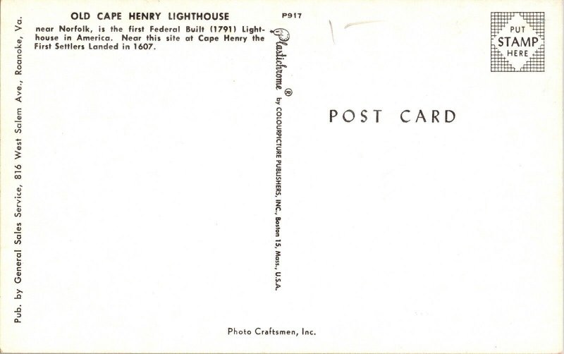 Lighthouse Old Cape Henry Norfold Photo Crafgsmen Inc General Sales Postcard UNP 