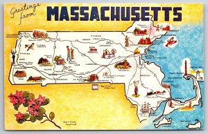 State Maps~Greetings From Massachusetts~Mayflower~Southbridge~Vintage Postcard