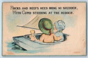 Alvord IA Postcard Valentine Couple Boating Cupid Angel Steering At The Rudder