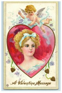 c1910 Valentine Beautiful Woman Cupid Embossed Antique Postcard
