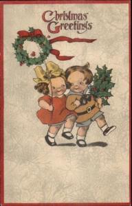 Christmas - Happy Boy & Girl w/ Wreath & Holly c1915 Postcard