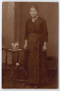RPPC Lovely Woman Portrait Antique Figurine on Table Real Photo Postcard H28