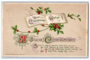 c1910's Christmas Wishes Message Holly Book John Winsch Artist Signed Postcard 