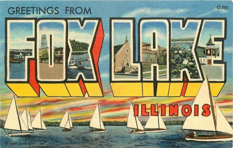 Fox Lake Illinois Large Letters Multi  Aero Teich linen 1940s Postcard 21-6257