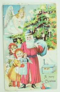 C.1900-10 Germany Embossed Angel Santa Claus Children Tree Vintage Postcard F56 