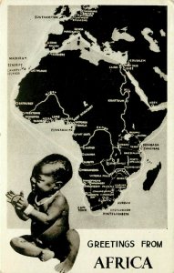 Vintage Postcard; Greetings from Africa, Annotated Map & Black Baby, Unposted