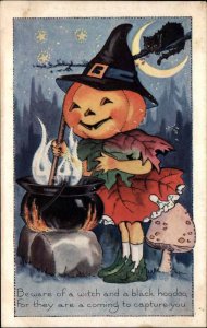 Halloween Pumpkin JOL Head Witch c1915 Whitney Postcard