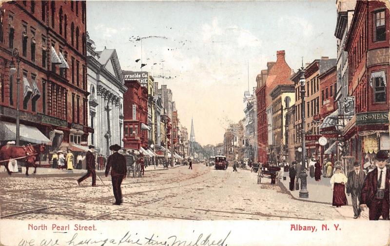 Albany New York~North Pearl Street~People along Storefronts~1907 Postcard