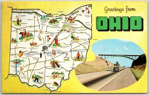 1966 Greetings from Ohio Maps Landmarks Buildings Buckeye State Posted Postcard