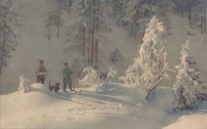 Children On Skis Walking A Dog Adelboden Early Swiss Postcard