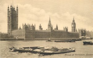 London Thames navigation & sailing Parliament coal barge tugboat Big Ben