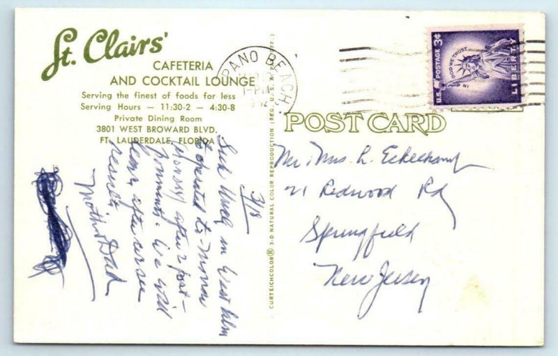 FORT LAUDERDALE, Florida FL ~ Roadside ST. CLAIRS' CAFETERIA 1962 Postcard