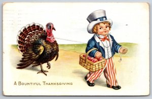Patriotic Thanksgiving~Uncle Sam Little Boy Leads Turkey on Leash~Whitney Made