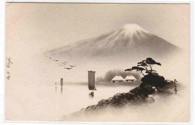 Boat on Lake At Mt Fuji Japan Lacquer postcard