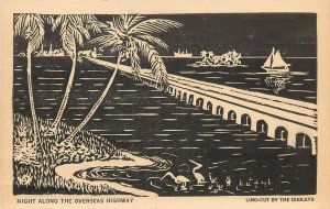 Dudleys' Lino-Cut Art Postcard; Night Along the Overseas Highway, Key West FL