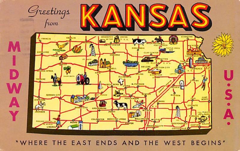 Greetings from Kansas USA Map 1983 light postal marking on front